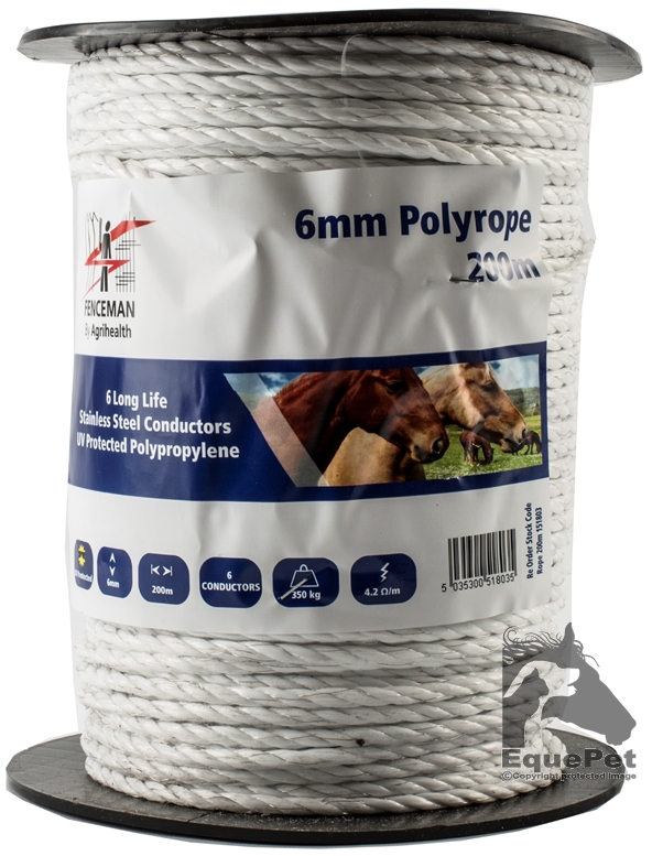 Fenceman Electric Fence PolyRope 6mm Dia x 200m White